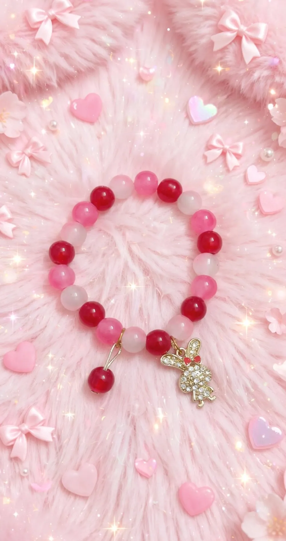 Cute Red & Pink Bunny Charm Beaded Bracelet - Handmade