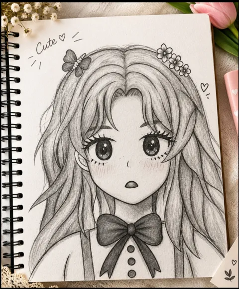 Cute Anime Girl Pencil Sketch | Hand-Drawn Anime Art